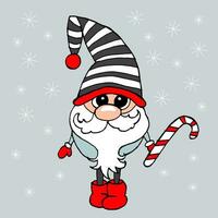 Cute Christmas gnome with candy cane. Hand drawn illustration, vector