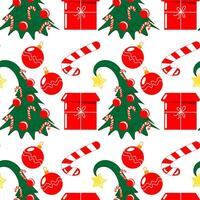 Seamless pattern, decorated Christmas tree, gift boxes, candies on a white background. Print, textile, vector