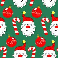 Seamless pattern, face of funny Santa Claus, candies and Christmas balls on a blue background. Print, textile, vector