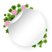 Round template with colorful clover leaves, shamrock, background for text. St. Patrick's day illustration, vector