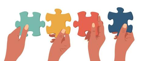 Hands holding puzzle pieces. Hands put together puzzles. Business concept of teamwork. Vector