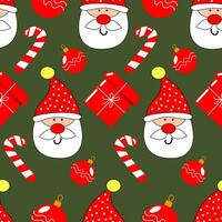 Seamless pattern, face of funny Santa Claus, candies and Christmas balls on a blue background. Print, textile, vector