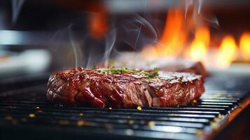 AI generated beef steak grilled in kitchen with blur background photo