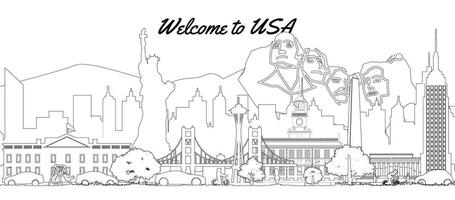 usa famous landmarks silhouette outline style vector