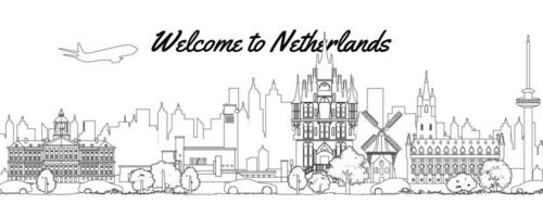 Netherlands famous landmarks by silhouette outline style vector