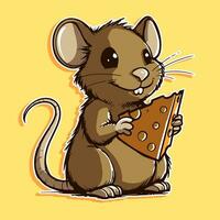 Cartoon character of a small mouse holding a big slice of cheese. Cute and adorable rat eating dairy products vector