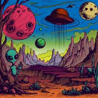 Trippy and psychedelic artwork of desert landscape from area 51. Surreal illustration of an alien and UFO invasion with cactuses, mountains and planets vector