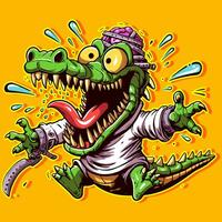 Cartoon art of an insane alligator in a straitjacket with his mouth open and brains. Anthropomorphic crocodile graffiti style escaping from the asylum vector