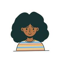 contento cara negro africano americano mujer largo Rizado pelo niña plano vector personaje para animación proyecto cabeza completamente editable vistoso camisa arco iris colores atractivo sonriente persona facial expresión