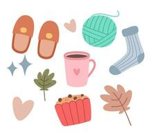 Hygge vibes flat design, a set of items including a cup of coffee, socks, and a sweater vector