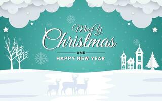 Illustration of merry christmas and happnew year 2024, santa dear to countryside village in winter background and paper cut style concept vector