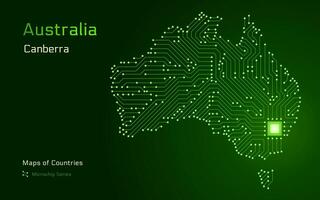 Australia Map with a capital of Canberra Shown in a Microchip Pattern with processor. E-government. World Countries vector maps. Microchip Series