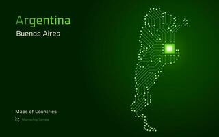 Argentina Map with a capital of Buenos Aires Shown in a Microchip Pattern with processor. E-government. World Countries vector maps. Microchip Series.