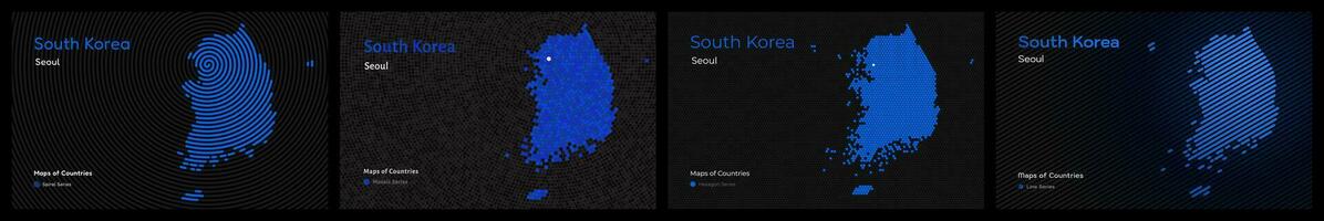 Creative map set of 4 styles of South Korea. Capital Seoul. Capital. World Countries vector maps series. Black