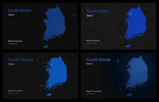 Creative map set of 4 styles of South Korea. Capital Seoul. Capital. World Countries vector maps series. Black