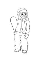 Coloring. Coloring page of a happy  girl with a snowboard. Children's coloring book design about winter games. vector