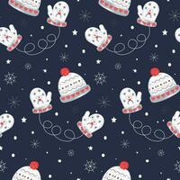 New Year's seamless pattern with a hat, mittens and snowflakes. Vector. On a dark blue background. For package, cards, prints. vector