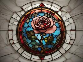 AI generated stained glass rose in round frame illustration photo