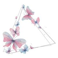 Butterflies are pink, blue, lilac, flying, delicate with wings and splashes of paint. Hand drawn watercolor illustration. Frame triangle, template, wreath on a white background, for design. vector