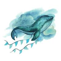 Blue, turquoise whale with garland flags and clouds textured. Watercolor illustration hand drawn in childish simple style. Isolated composition on a white background vector