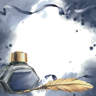 Inkwell with blue ink with gold writing pen, ribbons, stains and splashes. Hand drawn watercolor illustration. Frame, square template for text on a white background