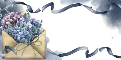 Craft envelope with hydrangea and eucalyptus flowers, ribbons, stains and splashes. Hand drawn watercolor illustration. Frame, horizontal template for text on a white background. vector