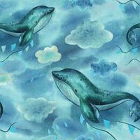 A baby whale swims on the sea and flies in the sky with garlands of flags among the clouds and raindrops. Hand drawn children's watercolor illustration. Seamless pattern on a blue background vector