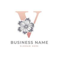 V Letter Logo with Flower. Floral V Logo Feminine Luxury Logo Design vector