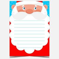 Christmas letter or wish list template with Santa Claus on background and empty space to write a greeting text or congratulation message on Santa's beard. Ready to print vector illustration.