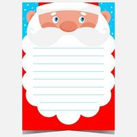 Christmas letter or wish list template with Santa Claus on background and empty space to write a greeting text or congratulation message on Santa's beard. Ready to print vector illustration.