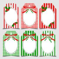 Label or tag for Christmas gift box to tie it up and leave a greeting message or congratulation text. Vector Christmas stickers or tabs with empty space and festive ornaments and decorative elements.