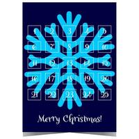 Advent calendar for Christmas with a big snowflake on the background and the inscription Merry Christmas. Vector Christmas advent calendar for counting down the days from December 1st to 25th.