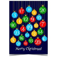 Advent calendar with Christmas balls hanging on a string and inscription Merry Christmas. Vector Christmas advent calendar with traditional holiday decorations with dates from December 1st to 25th.