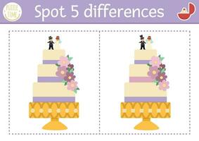 Find differences game for children. Educational activity with cute wedding cake. Marriage ceremony puzzle for kids with funny dessert with bride and groom figurines. Printable worksheet or page vector