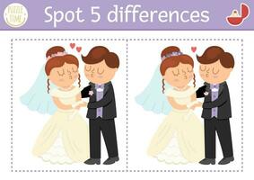 Find differences game for children. Wedding educational activity with cute married couple. Marriage ceremony puzzle for kids with funny kissing bride and groom. Printable worksheet or page vector