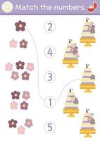 Match the numbers farm game with cake and flower decoration. Marriage ceremony math activity for preschool kids. Educational counting worksheet with traditional symbols vector