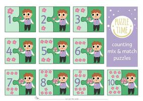 Vector wedding mix and match puzzle with cute flowers and boy with bouquet. Matching math activity for preschool children. Educational printable counting match up game for kids with kid guest