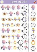 How many flowers game, equation or rebus with cute bouquets. Wedding math activity for school children. Simple marriage ceremony printable counting worksheet for kids with butterfly, ring vector