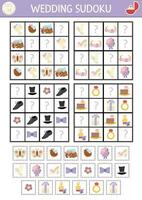 vector Boda sudoku rompecabezas para niños con fotos. sencillo matrimonio ceremonia examen con cortar y pegamento elementos. educación actividad o colorante página con novia, pastel, presente, anillo. dibujar desaparecido objetos