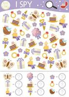 Wedding I spy game for kids. Searching and counting activity with traditional symbols. Marriage ceremony printable worksheet. Simple spotting puzzle with ring, bouquet, candle, present vector