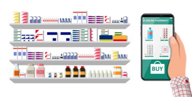 Hand holding phone with internet pharmacy app png