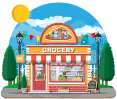 Grocery store front with window and door. png