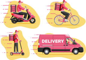 Delivery man on van, scooter, motorbike, bicycle. png