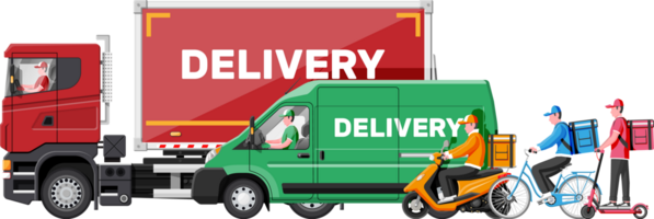 Delivery man on van truck, scooter, bicycle png