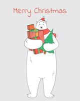 Christmas Card, Seasons greetings. Polar bear holds gifts in its paws. Winter sale, shopping. vector