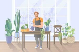 A man with a watering can takes care of houseplants. Care of potted plants in home garden.  Gardening hobby and cozy domestic life concept. Cartoon Flat Vector Illustration.