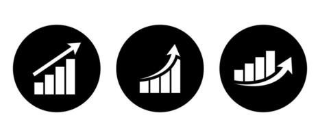 Growing bar graph icon set on black circle. Rising arrow symbol vector