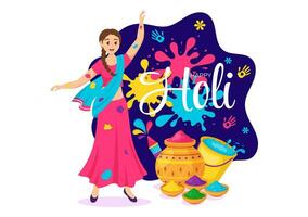 contento holi festival vector ilustración con vistoso maceta y polvo en hindi en colores celebracion plano dibujos animados antecedentes diseño
