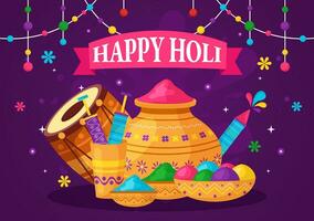 Happy Holi Festival Vector Illustration with Colorful Pot and Powder In Hindi in Colors Celebration Flat Cartoon Background Design