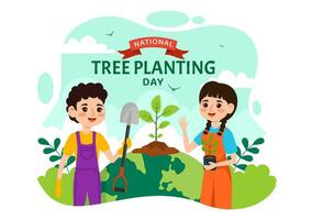 National Tree Planting Day Vector Illustration with Kids Plant Seedling Trees in Forest or Garden in Arbor Flat Cartoon Background Design